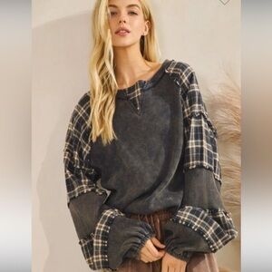 Sage + Fig sweatshirt Plaid Patchwork Sweater acid Wash black